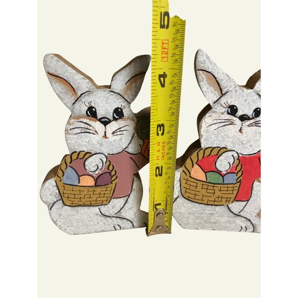 Handcrafted Wooden Easter Bunny Figures With Painted Details and Basket Design - Picture 5 of 9